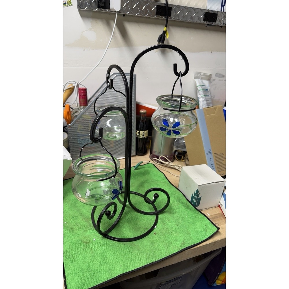 Metal Plant Stand w/ 3 Hanging Glass‎ Planters Blue Flower Design